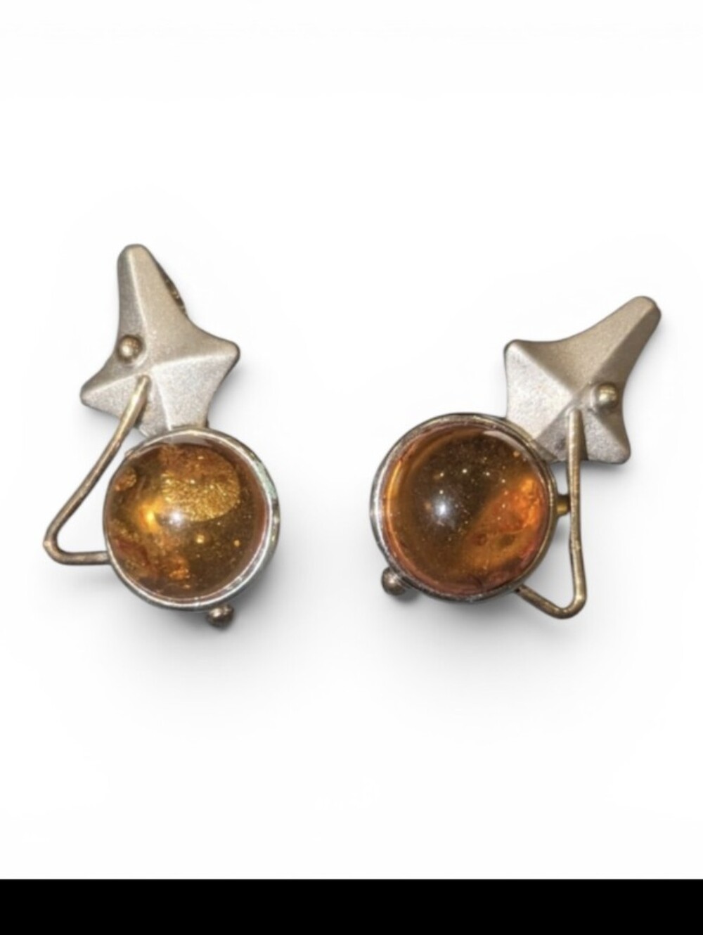Amber Orb Silver Star Drop Earrings - Honey Amber